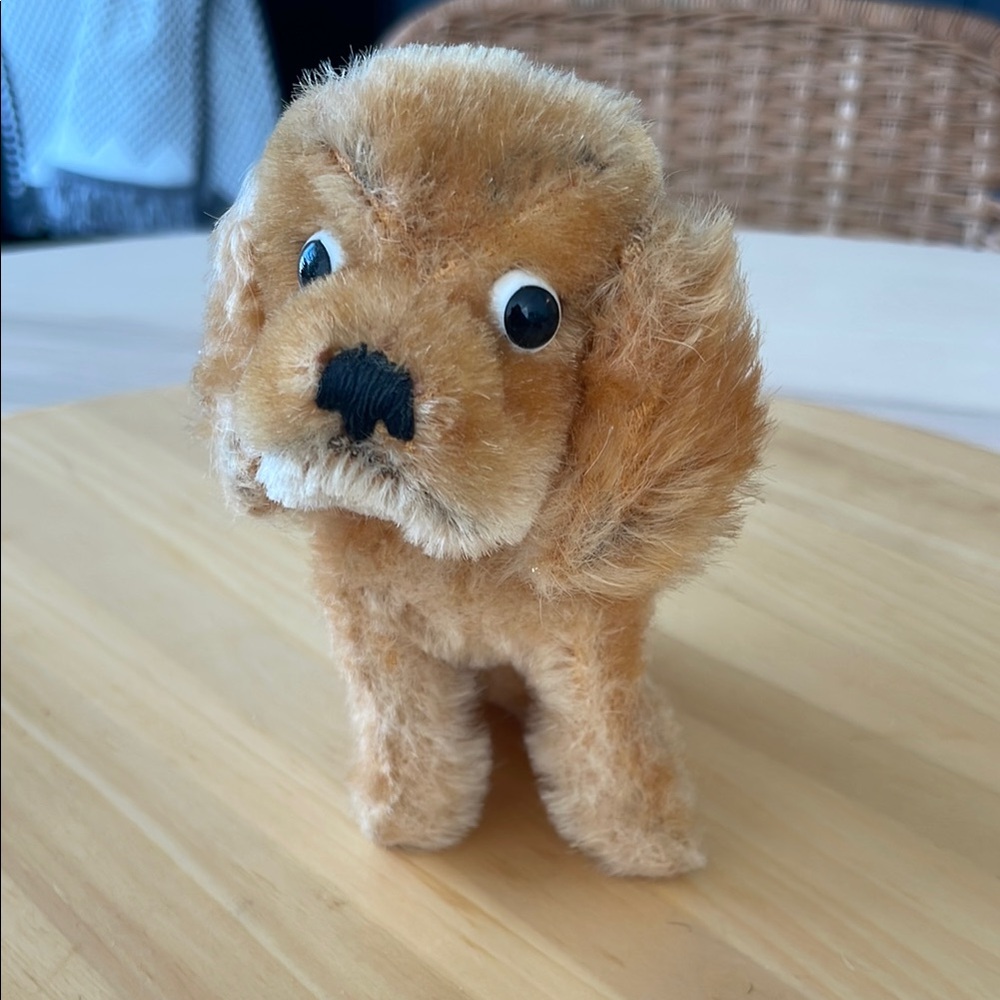 Vintage Steiff sitting dog mohair. No tag or button.